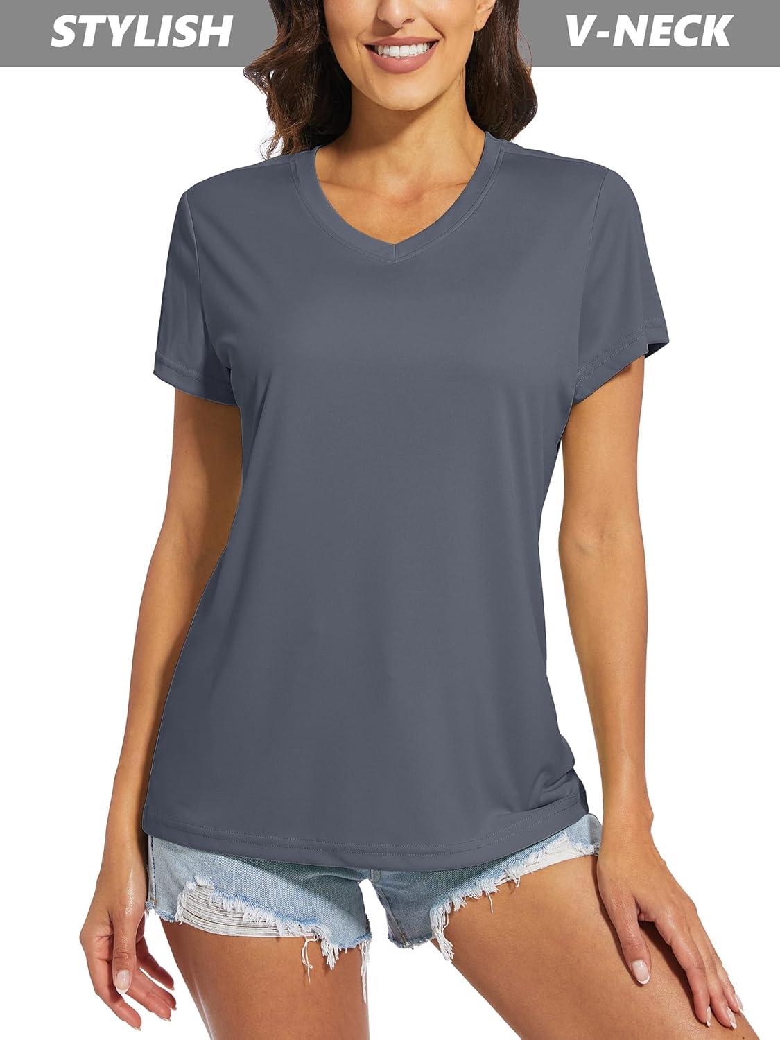 imageMAGCOMSEN Womens T Shirts VNeck Short Sleeve UPF 50 Sun Protection Performance Quick Dry Athletic Shirts Tee TopsDark Grey