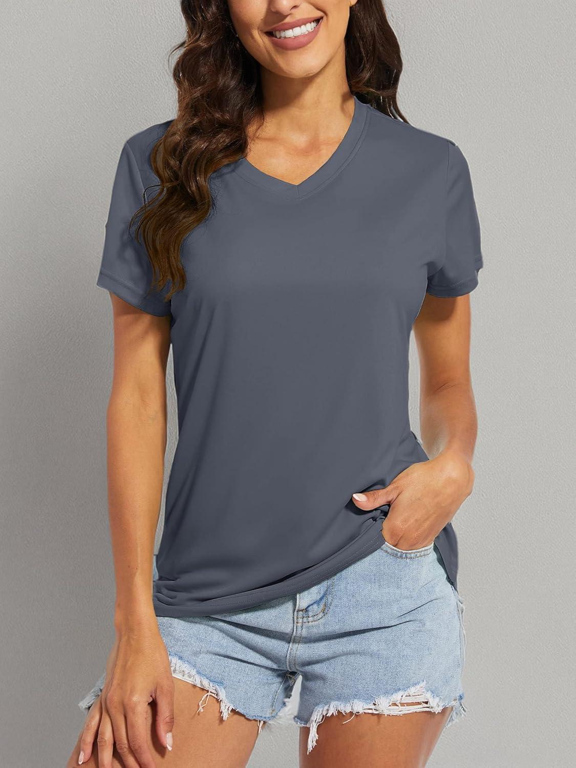 imageMAGCOMSEN Womens T Shirts VNeck Short Sleeve UPF 50 Sun Protection Performance Quick Dry Athletic Shirts Tee TopsDark Grey