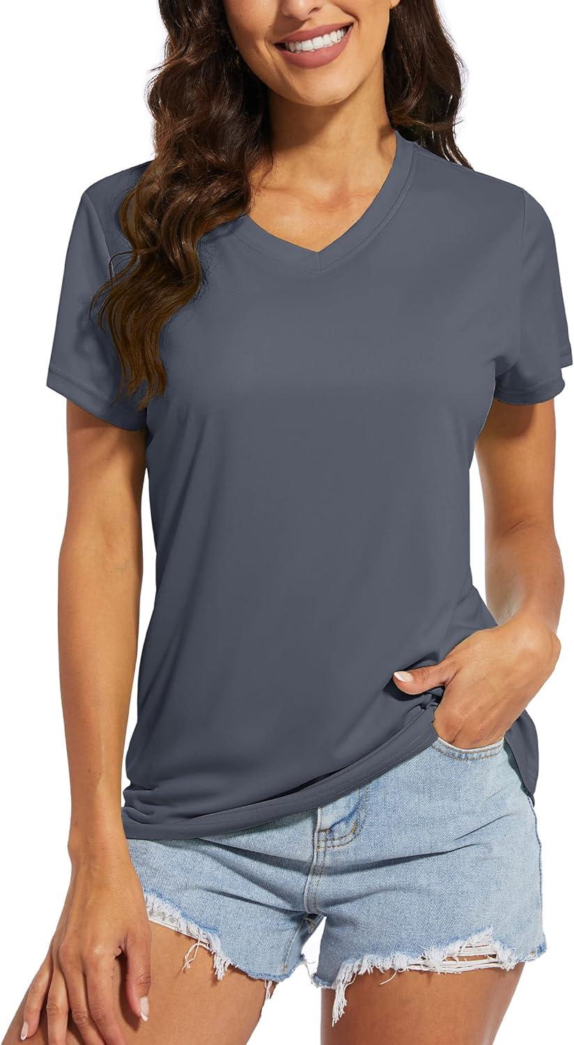 imageMAGCOMSEN Womens T Shirts VNeck Short Sleeve UPF 50 Sun Protection Performance Quick Dry Athletic Shirts Tee TopsDark Grey