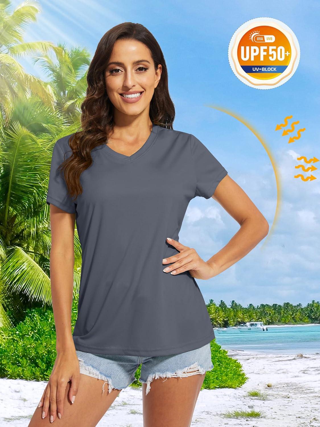 imageMAGCOMSEN Womens T Shirts VNeck Short Sleeve UPF 50 Sun Protection Performance Quick Dry Athletic Shirts Tee TopsDark Grey