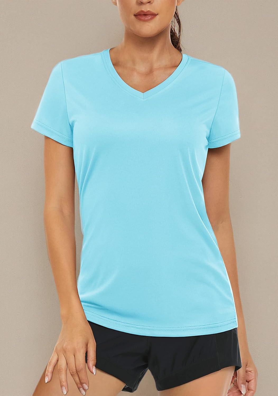 imageMAGCOMSEN Womens T Shirts VNeck Short Sleeve UPF 50 Sun Protection Performance Quick Dry Athletic Shirts Tee TopsLight Lake Blue