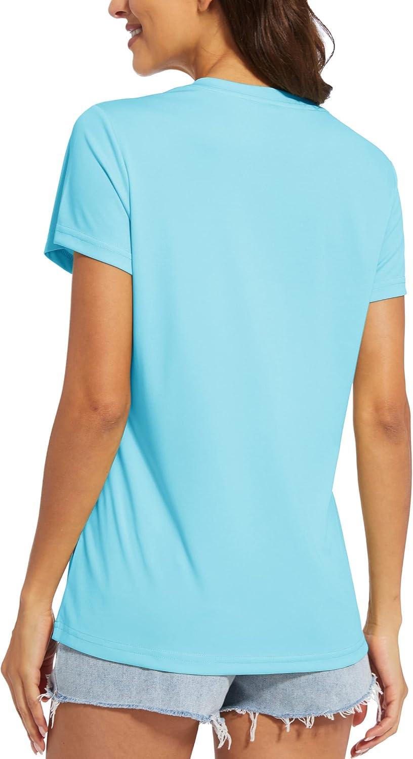 imageMAGCOMSEN Womens T Shirts VNeck Short Sleeve UPF 50 Sun Protection Performance Quick Dry Athletic Shirts Tee TopsLight Lake Blue