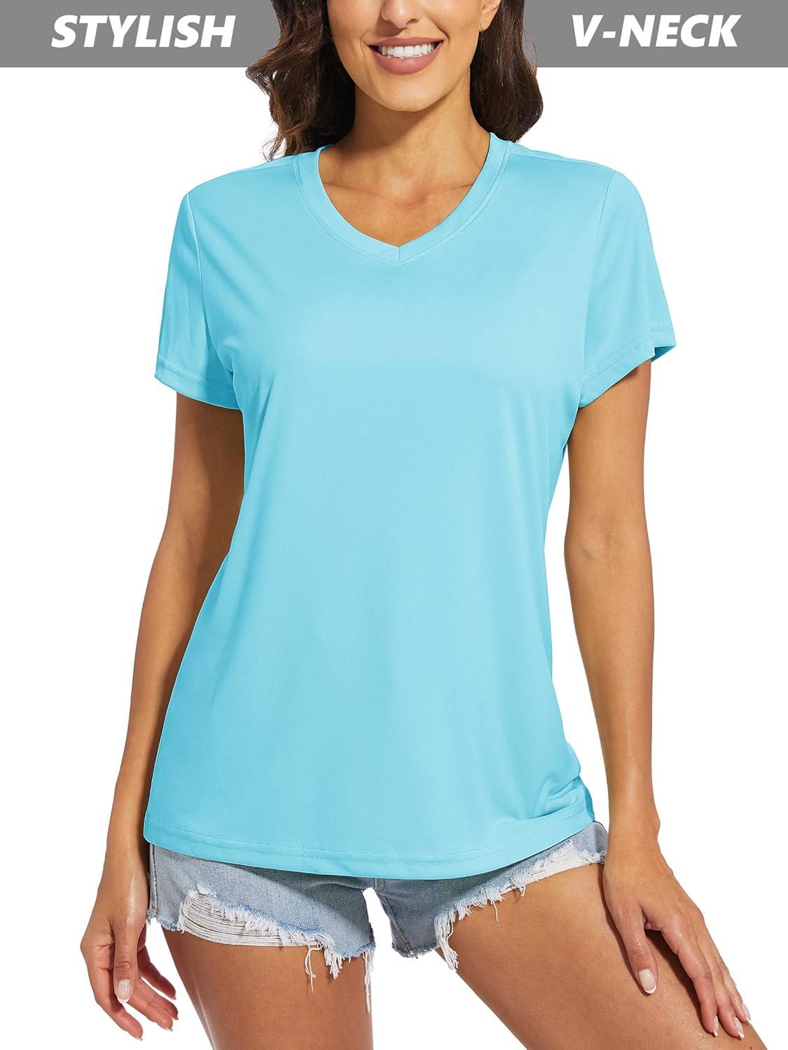 imageMAGCOMSEN Womens T Shirts VNeck Short Sleeve UPF 50 Sun Protection Performance Quick Dry Athletic Shirts Tee TopsLight Lake Blue