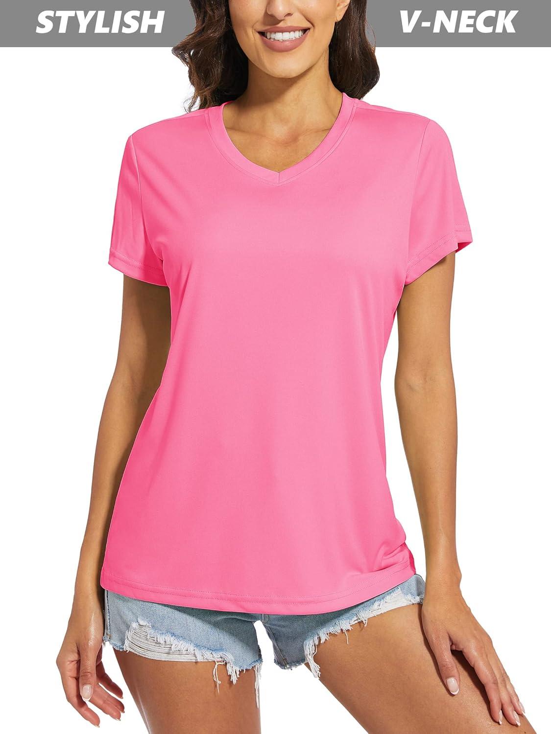 imageMAGCOMSEN Womens T Shirts VNeck Short Sleeve UPF 50 Sun Protection Performance Quick Dry Athletic Shirts Tee TopsRose