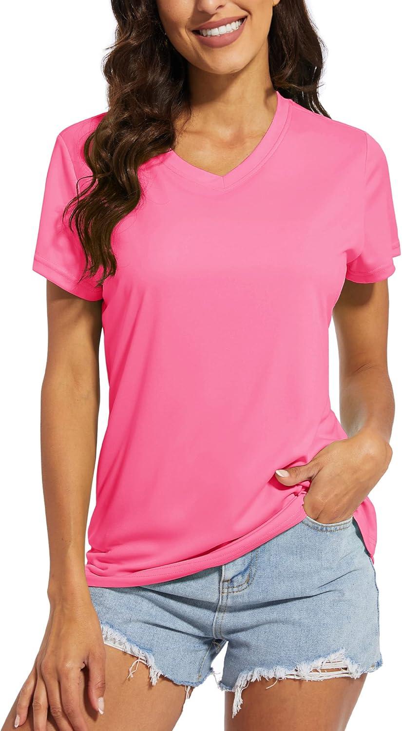 imageMAGCOMSEN Womens T Shirts VNeck Short Sleeve UPF 50 Sun Protection Performance Quick Dry Athletic Shirts Tee TopsRose