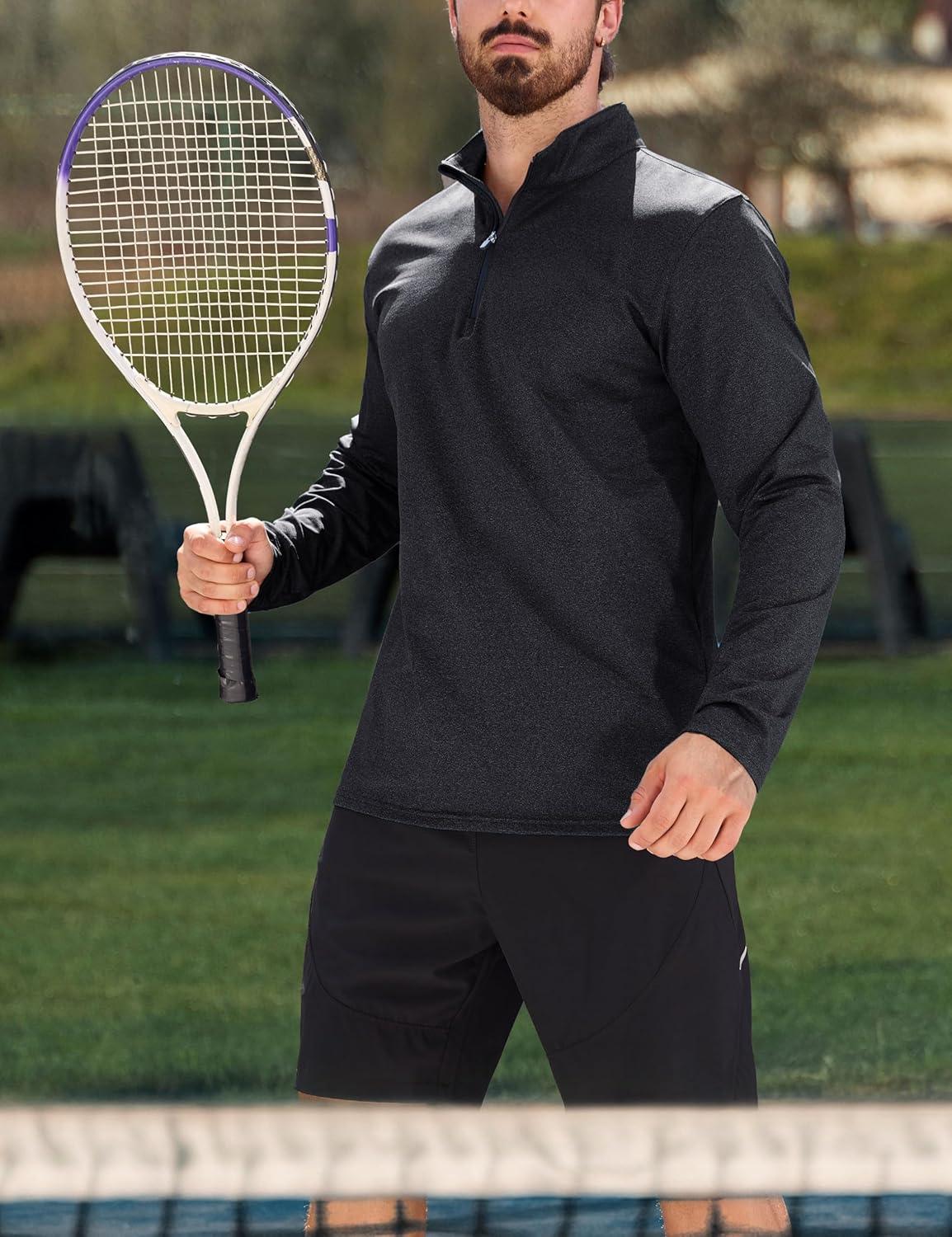 imageMAGCOMSEN Mens Quarter Zip Pullover Fleece Lined Long Sleeve Golf Shirts 14 Zip Thermal Running Athletic SweatshirtsBlack