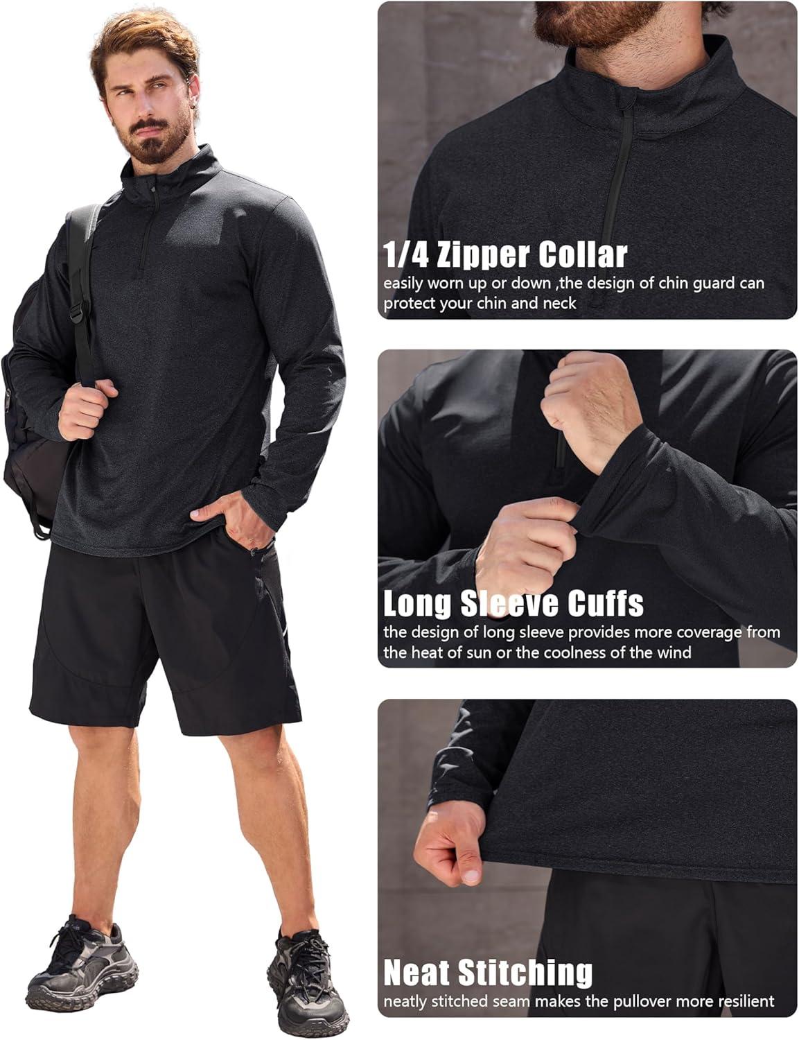 imageMAGCOMSEN Mens Quarter Zip Pullover Fleece Lined Long Sleeve Golf Shirts 14 Zip Thermal Running Athletic SweatshirtsBlack