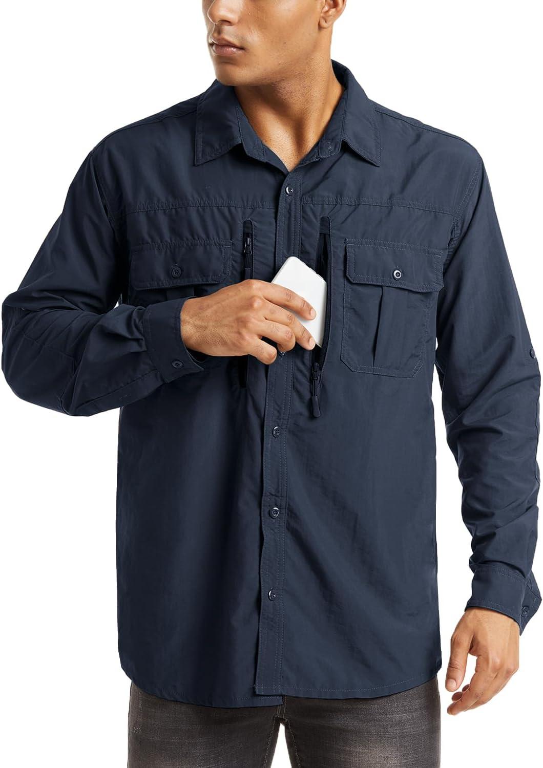 imageMAGCOMSEN Mens UPF 50 Sun Protection Shirts Button Down Long Sleeve Shirt for Hiking Fishing SafariNavy