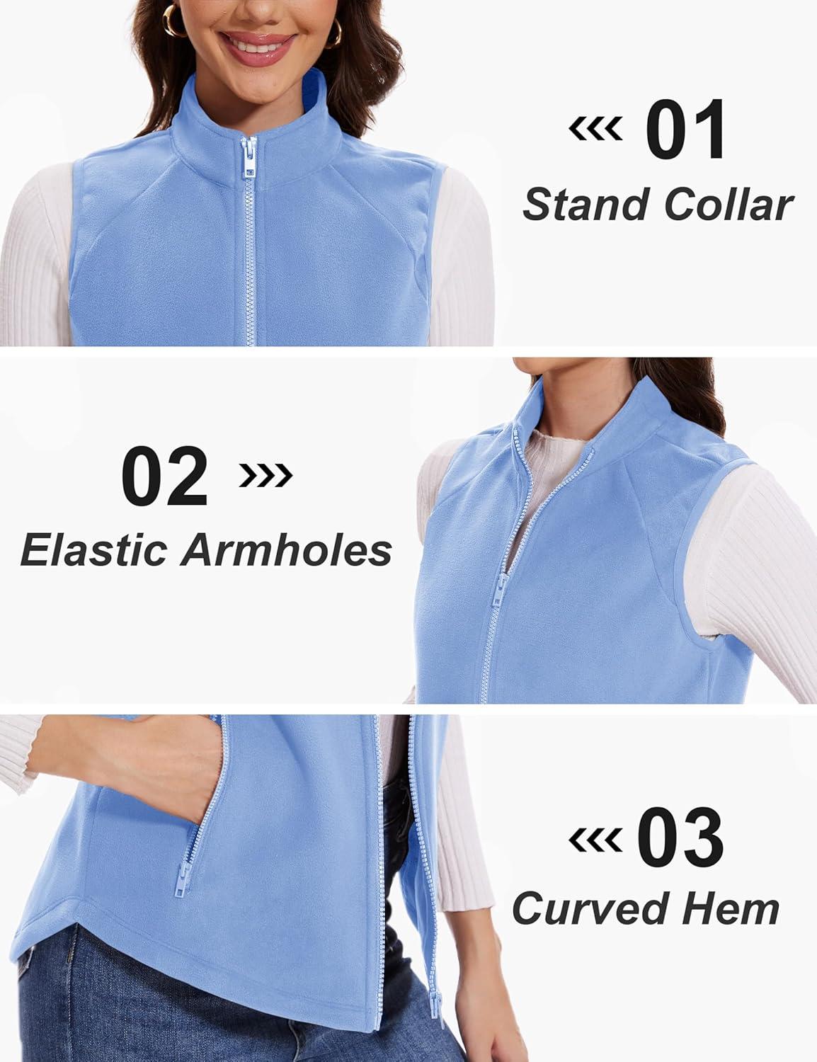 imageMAGCOMSEN Womens Fleece Vest with Zipper Pockets Zip Up Sleeveless Jackets Lightweight Soft Warm Polar Vest OuterwearLight Blue
