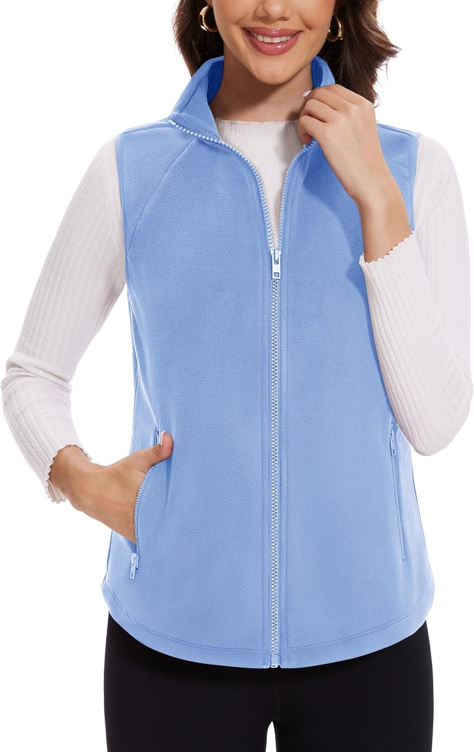 imageMAGCOMSEN Womens Fleece Vest with Zipper Pockets Zip Up Sleeveless Jackets Lightweight Soft Warm Polar Vest OuterwearLight Blue