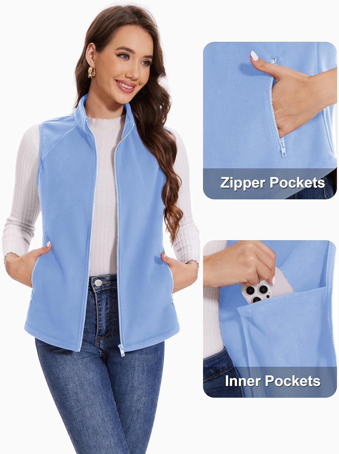 imageMAGCOMSEN Womens Fleece Vest with Zipper Pockets Zip Up Sleeveless Jackets Lightweight Soft Warm Polar Vest OuterwearLight Blue
