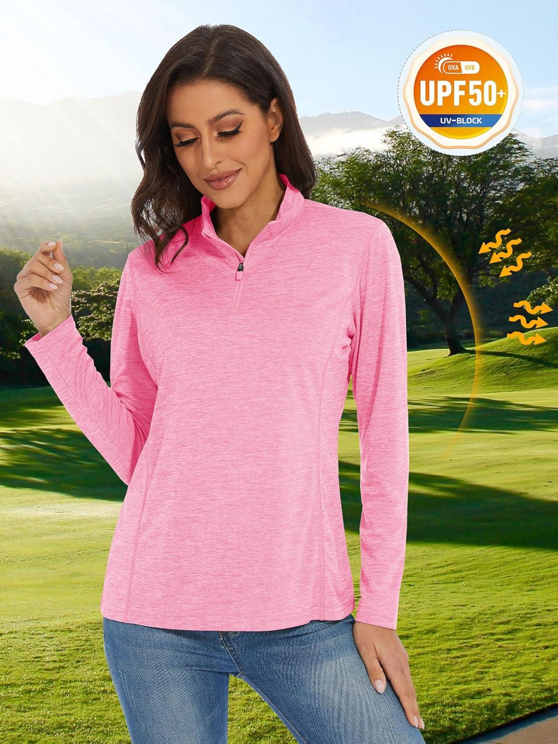 imageMAGCOMSEN Womens Long Sleeve Shirts 14 Zip Pullover UPF 50 Quick Dry Workout Tops Running Athletic Hiking ShirtsPink