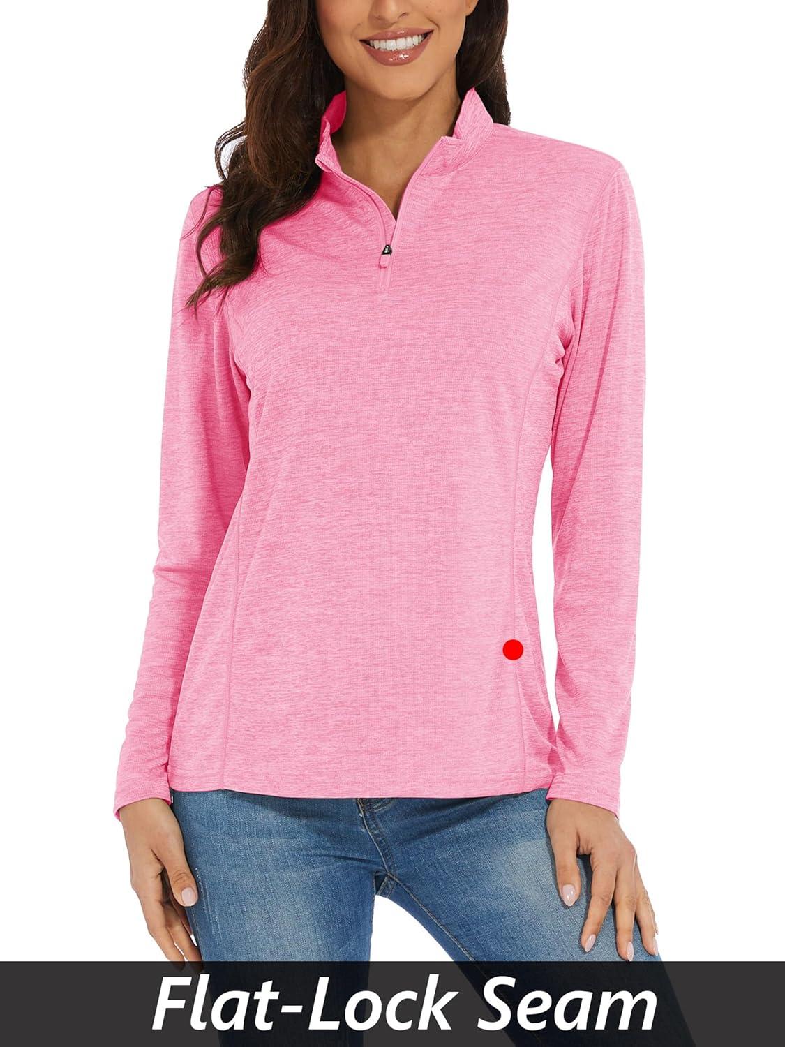 imageMAGCOMSEN Womens Long Sleeve Shirts 14 Zip Pullover UPF 50 Quick Dry Workout Tops Running Athletic Hiking ShirtsPink