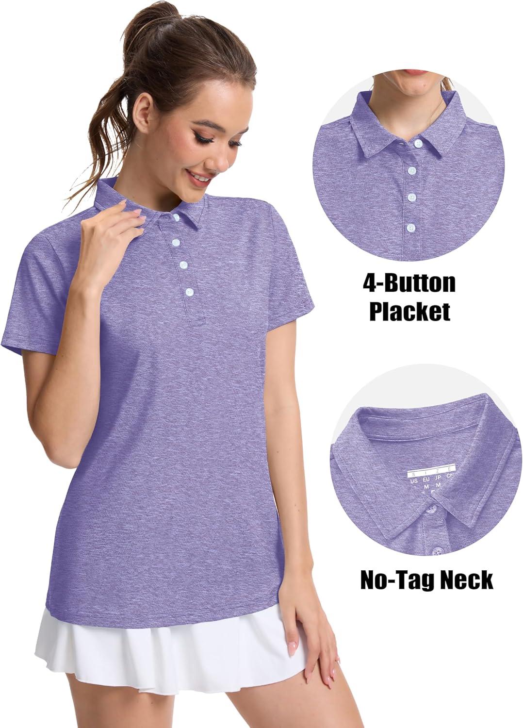 imageMAGCOMSEN Womens Polo Shirts Short Sleeve Quick Dry Golf TShirts Collared Golf Tops for Work Casual 4 ButtonsLight Purple