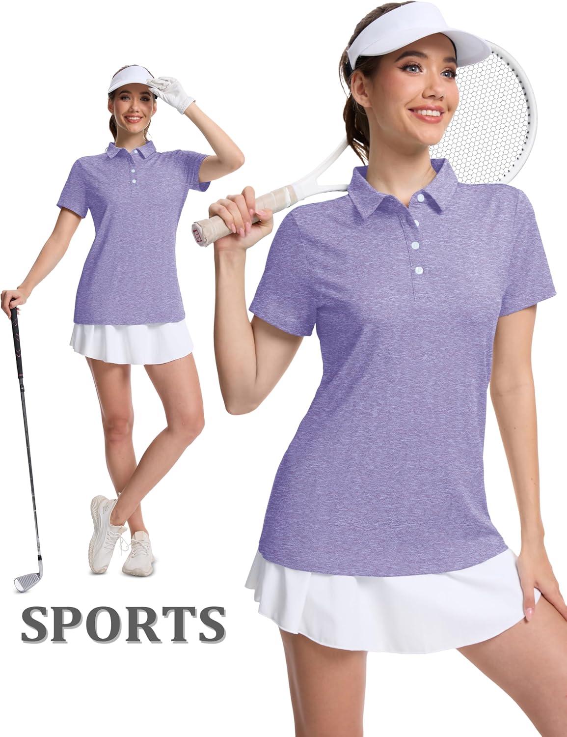 imageMAGCOMSEN Womens Polo Shirts Short Sleeve Quick Dry Golf TShirts Collared Golf Tops for Work Casual 4 ButtonsLight Purple