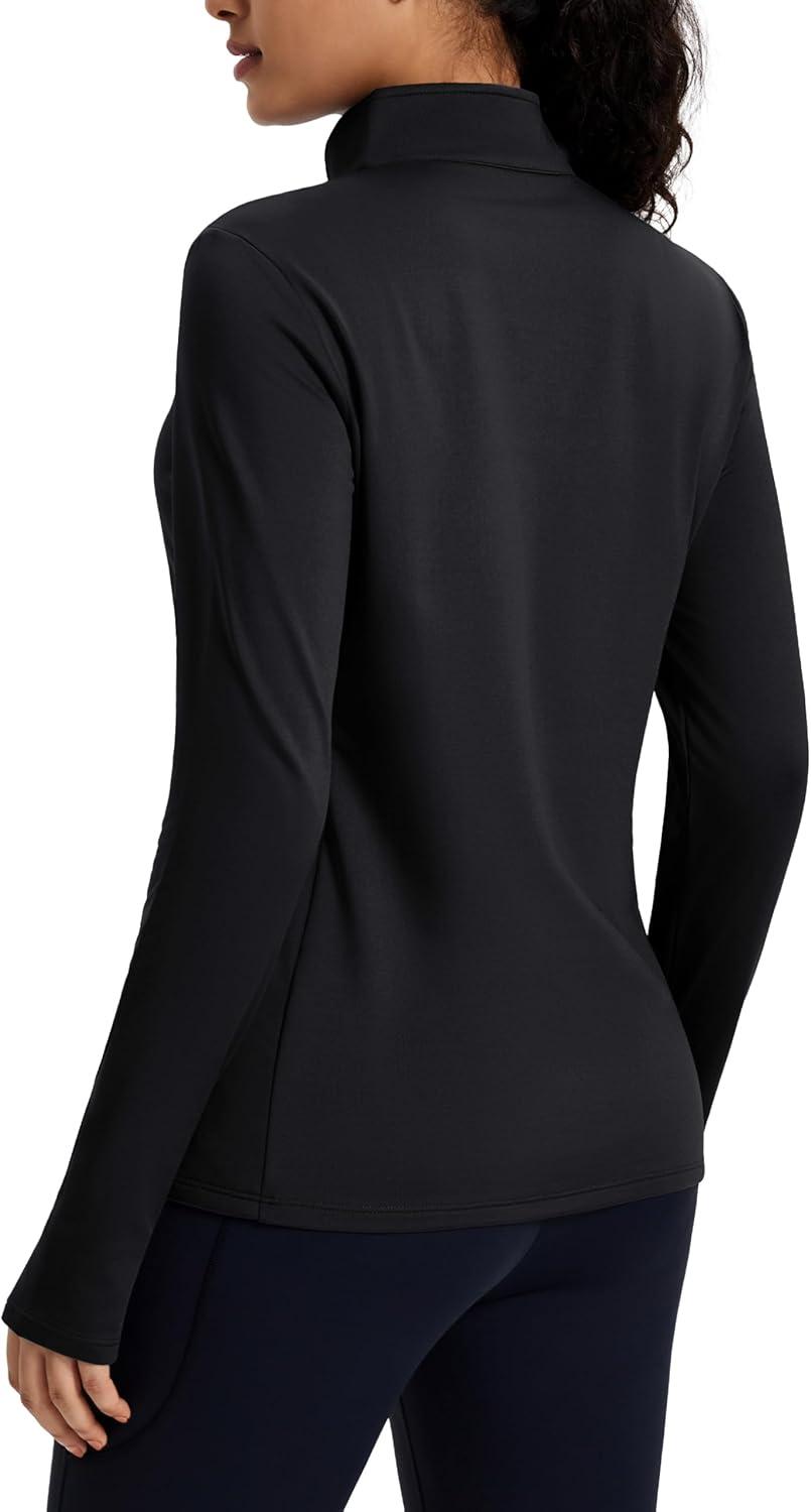 imageMAGCOMSEN Womens Quarter Zip Fleece Pullover Thermal Shirts with Zip Pocket Workout Running Tops Thumb HolesBlack