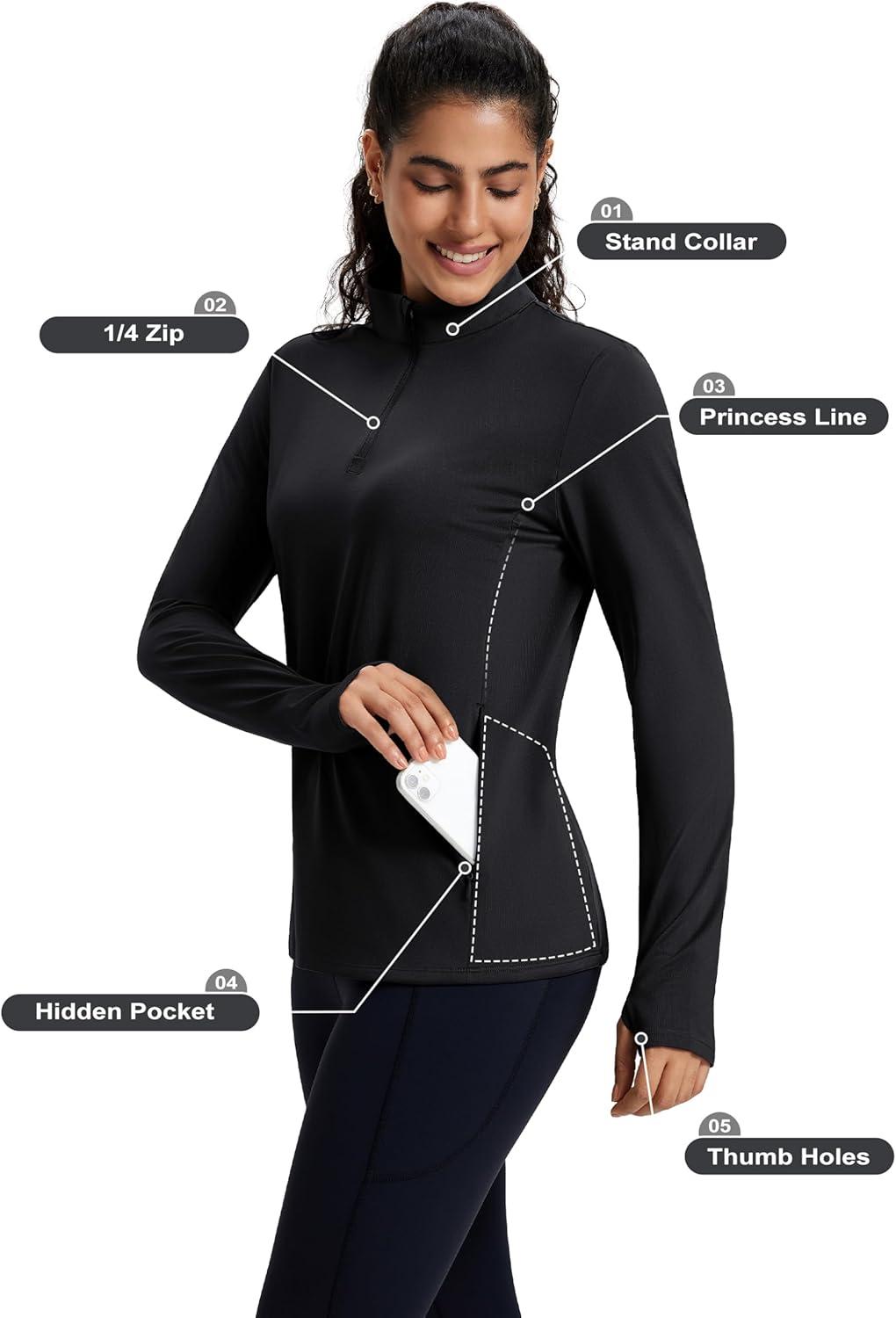 imageMAGCOMSEN Womens Quarter Zip Fleece Pullover Thermal Shirts with Zip Pocket Workout Running Tops Thumb HolesBlack