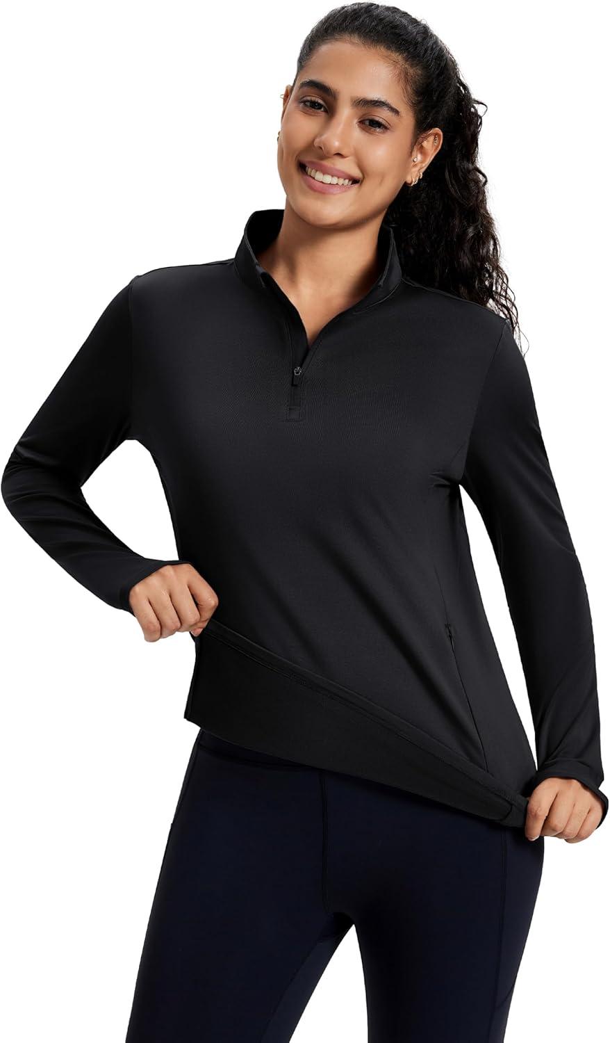 imageMAGCOMSEN Womens Quarter Zip Fleece Pullover Thermal Shirts with Zip Pocket Workout Running Tops Thumb HolesBlack