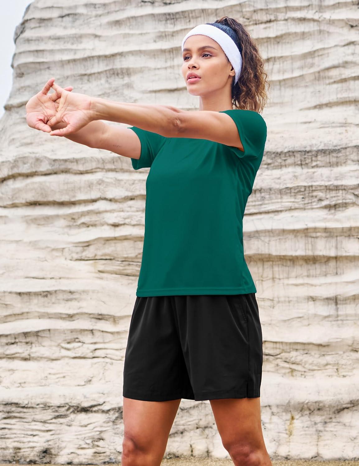 imageMAGCOMSEN Womens Short Sleeve TShirts UPF 50 Sun Protection Quick Dry Athletic Running Workout Rash Guard TopsEmerald Green