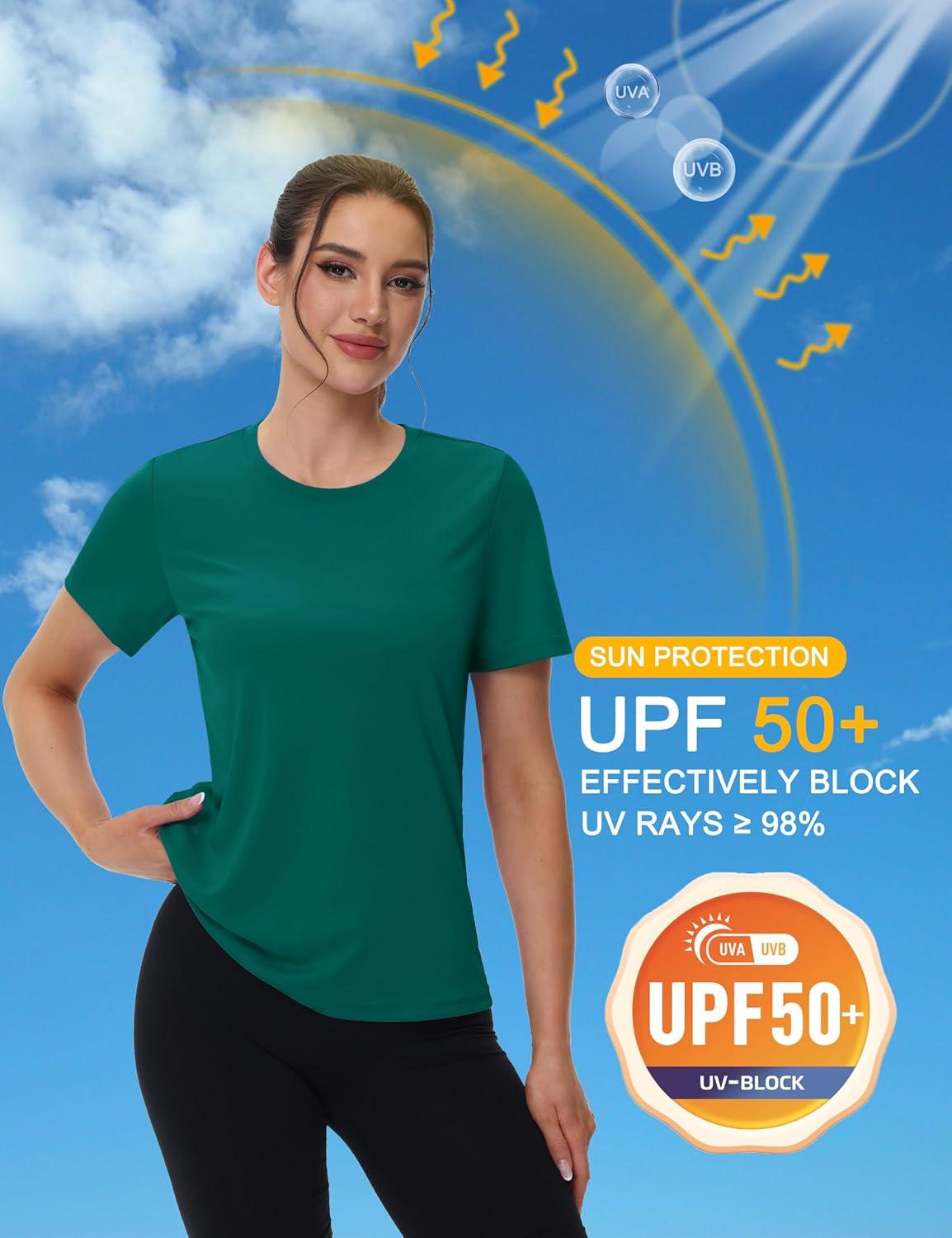imageMAGCOMSEN Womens Short Sleeve TShirts UPF 50 Sun Protection Quick Dry Athletic Running Workout Rash Guard TopsEmerald Green