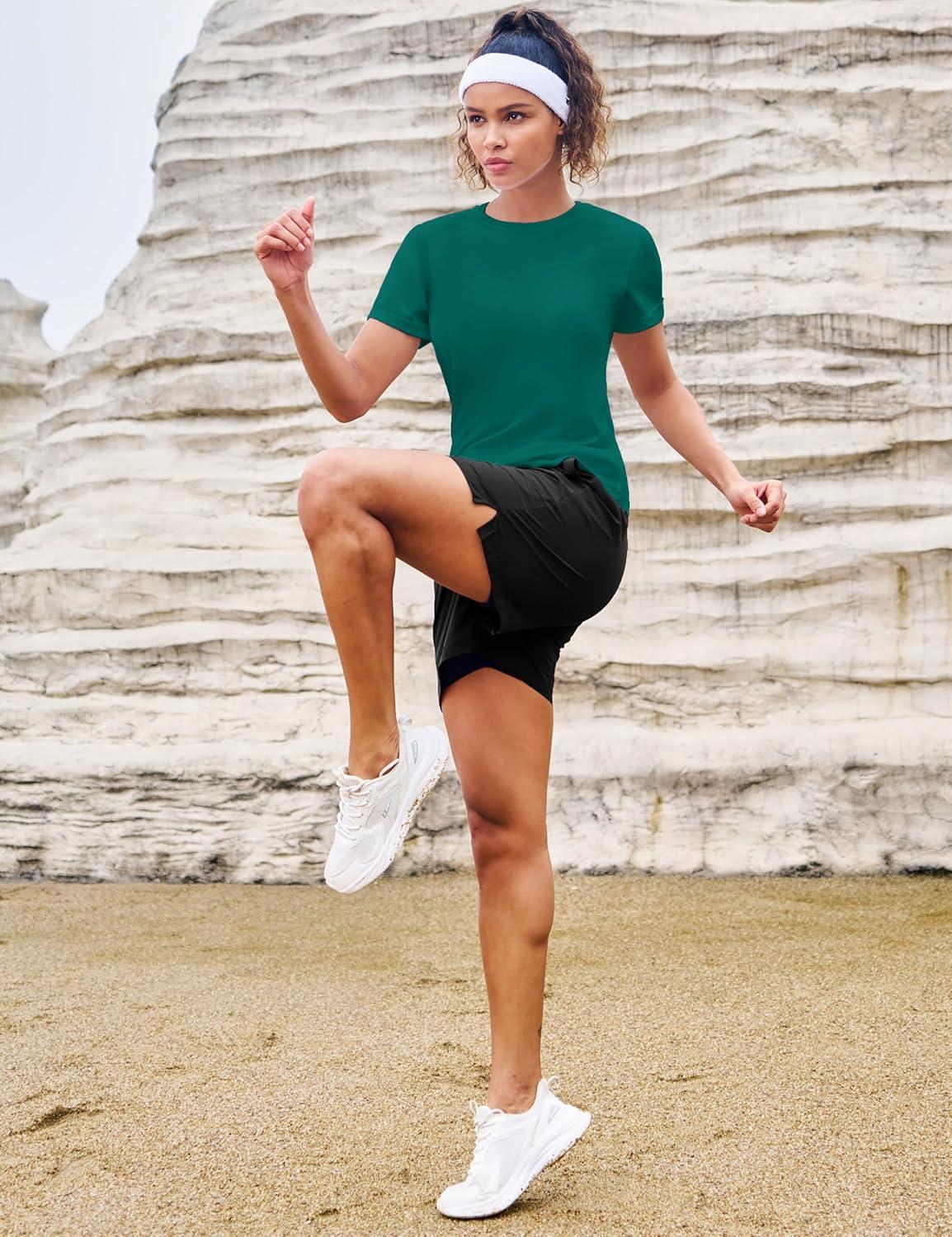 imageMAGCOMSEN Womens Short Sleeve TShirts UPF 50 Sun Protection Quick Dry Athletic Running Workout Rash Guard TopsEmerald Green