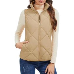 MAGCOMSEN Womens Puffer Vest Sleeveless Lightweight Winter Jackets Quilted Zip Up Coats Stand Collar Padded Outerwear Vests(Camel)