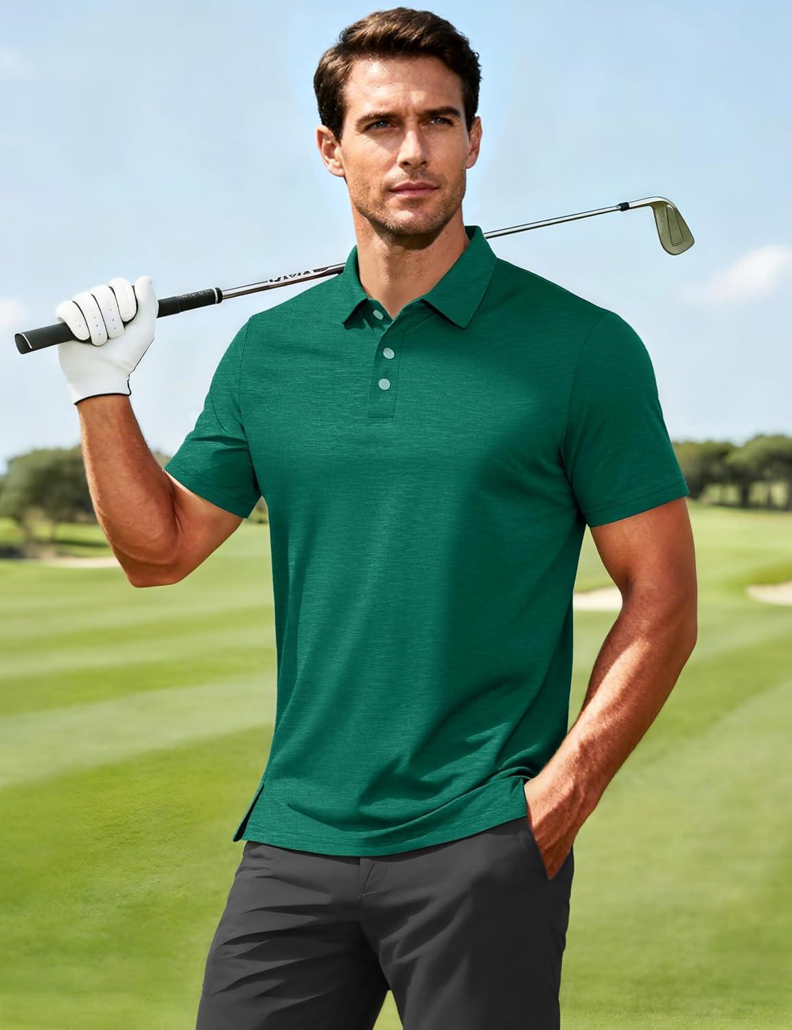 imageMAGCOMSEN Mens ShortSleeve PoloGolf Shirts for Men 3Button Moisture WickingAthletic Outdoor Collared TShirtEmerald Green