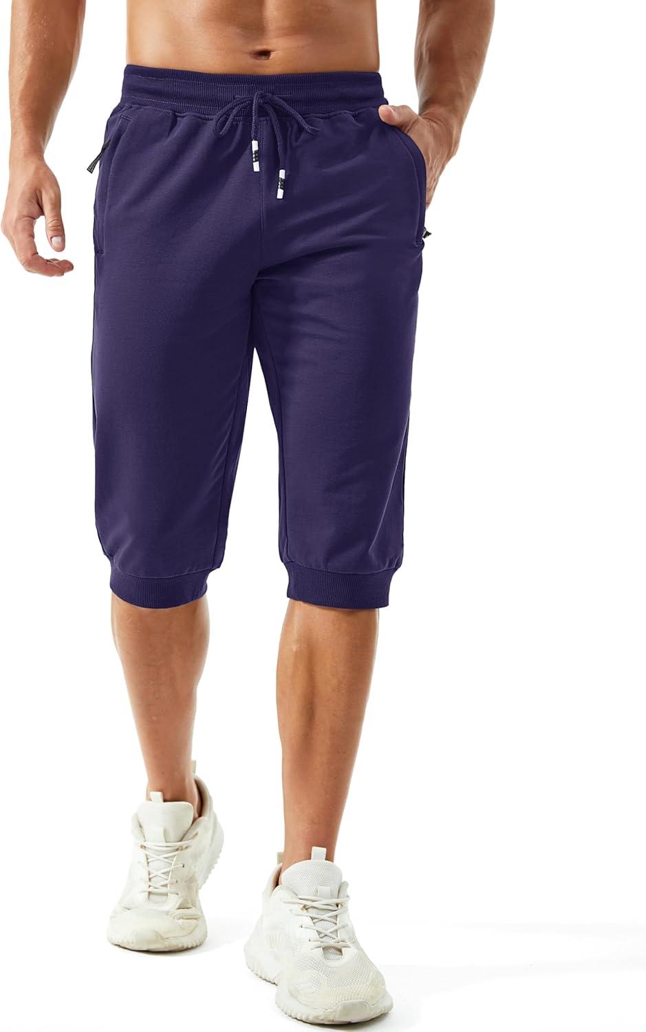 imageMAGCOMSEN Mens 34 Capri Joggers Running Athletic Gym Workout Long Shorts Cotton Below Knee Pants with Zipper PocketsMedium Purple