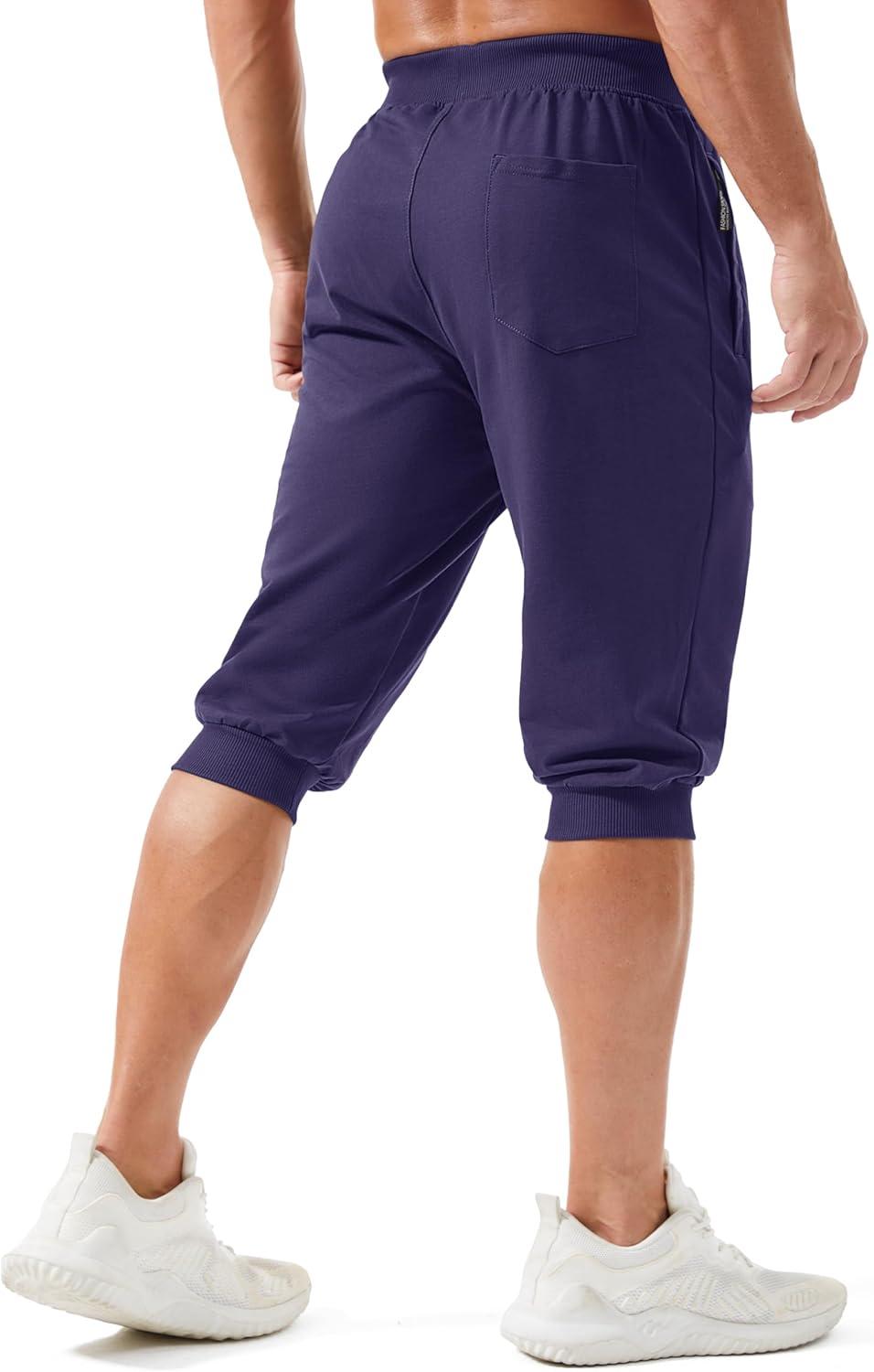imageMAGCOMSEN Mens 34 Capri Joggers Running Athletic Gym Workout Long Shorts Cotton Below Knee Pants with Zipper PocketsMedium Purple