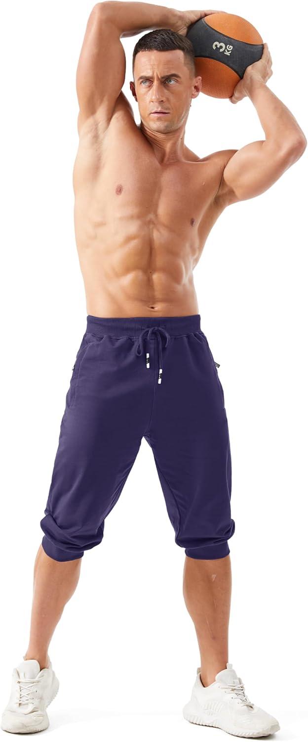 imageMAGCOMSEN Mens 34 Capri Joggers Running Athletic Gym Workout Long Shorts Cotton Below Knee Pants with Zipper PocketsMedium Purple