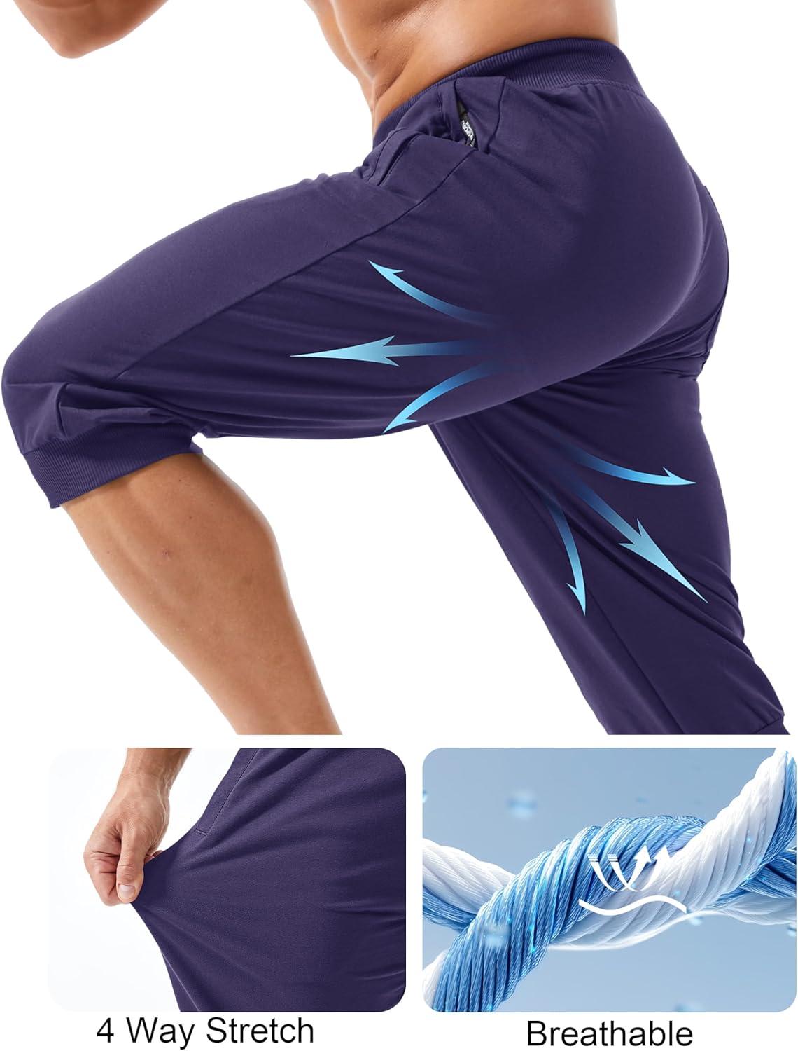 imageMAGCOMSEN Mens 34 Capri Joggers Running Athletic Gym Workout Long Shorts Cotton Below Knee Pants with Zipper PocketsMedium Purple