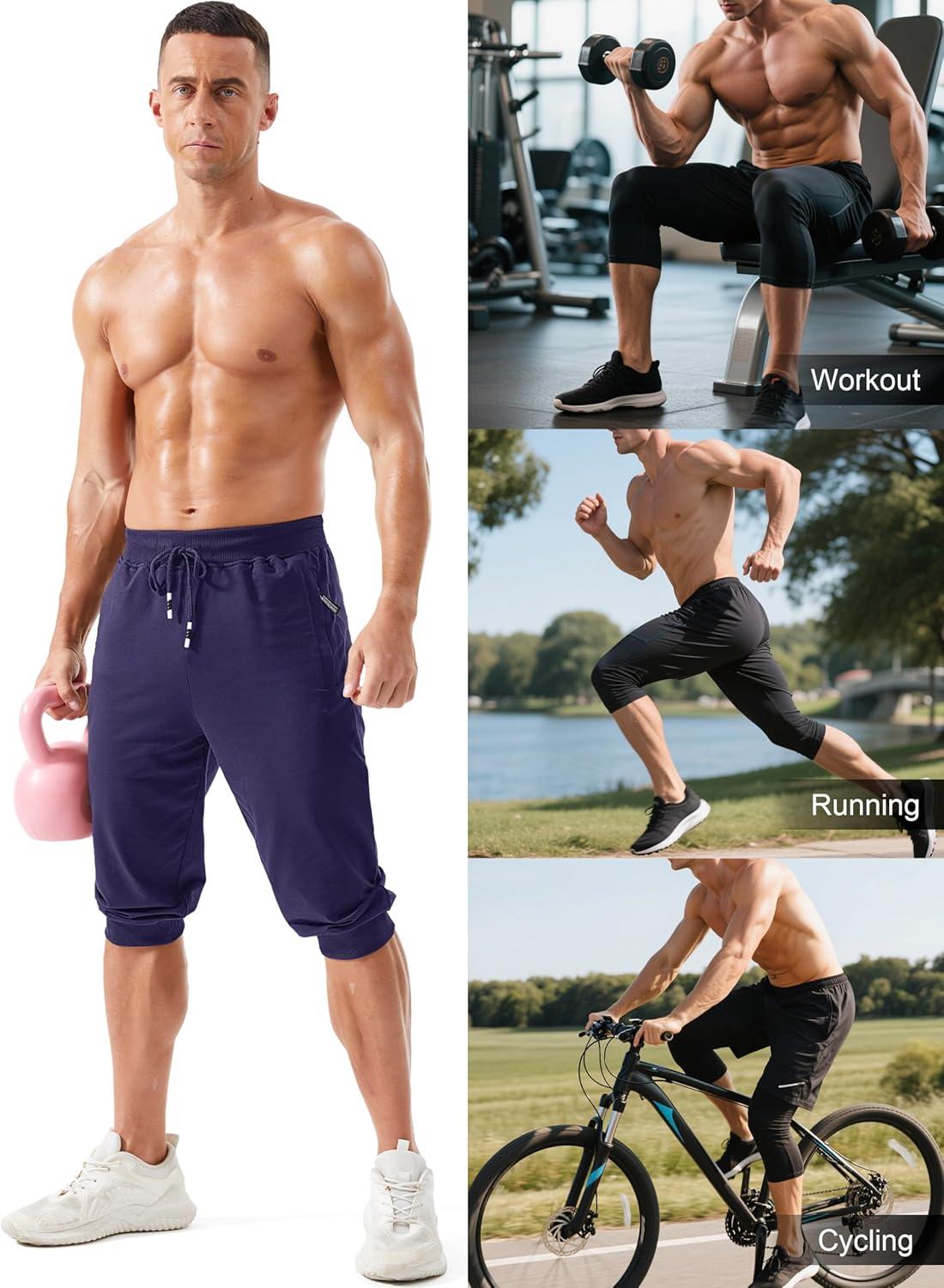 imageMAGCOMSEN Mens 34 Capri Joggers Running Athletic Gym Workout Long Shorts Cotton Below Knee Pants with Zipper PocketsMedium Purple