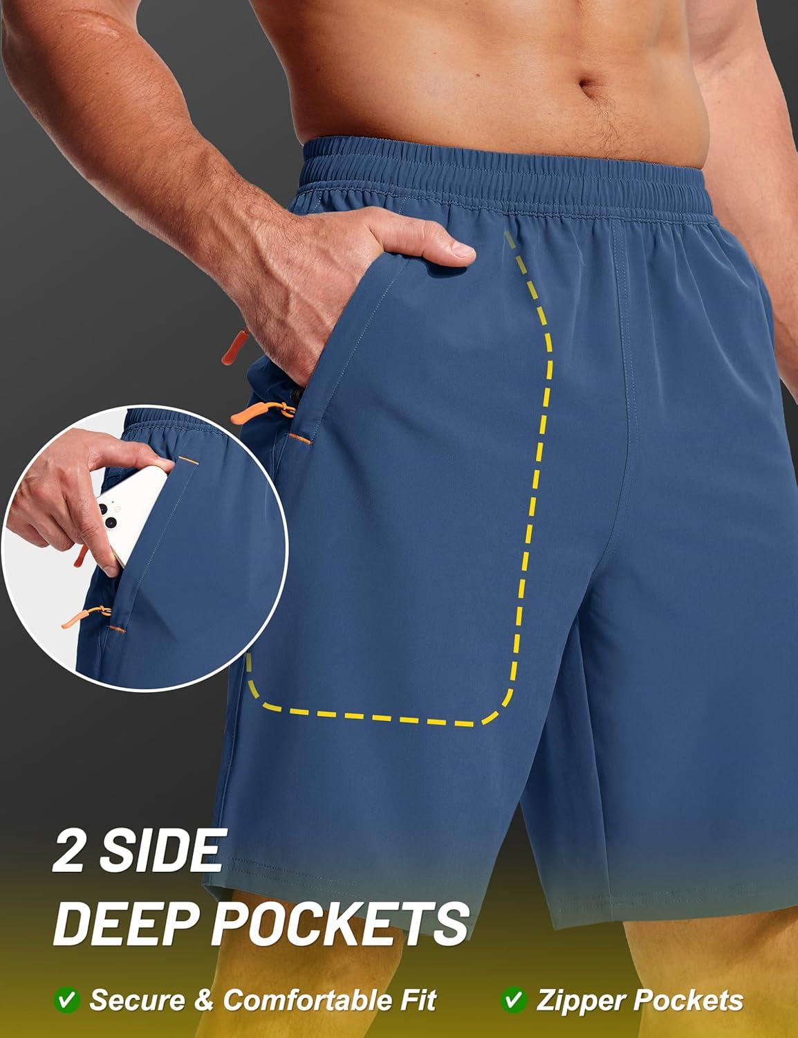 imageMAGCOMSEN Mens Hiking Shorts 9 Quick Dry Lightweight Running Shorts with Zipper Pockets for Workout Athletic SportBlue Grey
