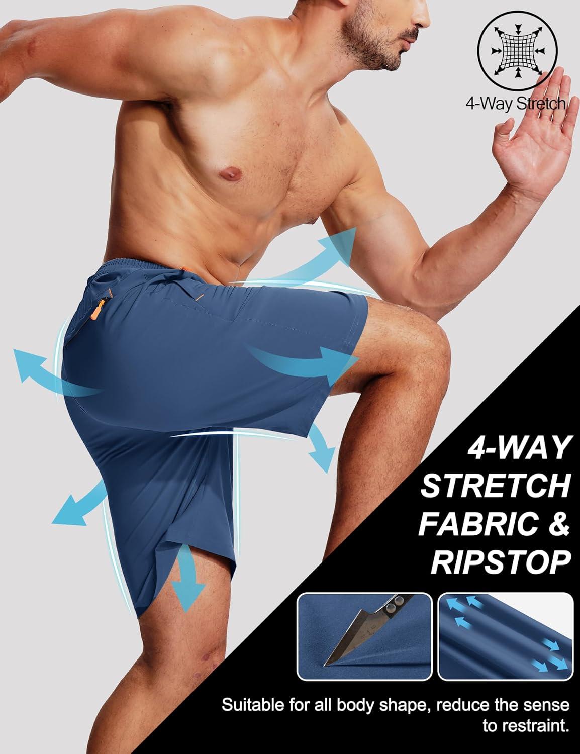 imageMAGCOMSEN Mens Hiking Shorts 9 Quick Dry Lightweight Running Shorts with Zipper Pockets for Workout Athletic SportBlue Grey