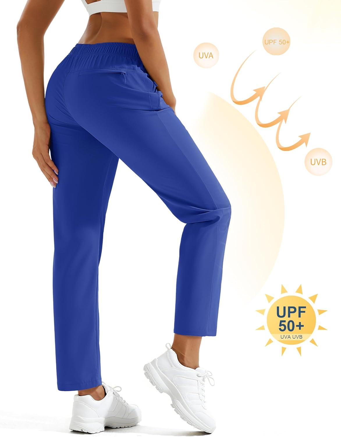 imageMAGCOMSEN Womens Hiking Pants Lightweight Quick Dry UPF 50 Water Resistant Elastic Waist Golf Travel Pants Zip PocketsBlue