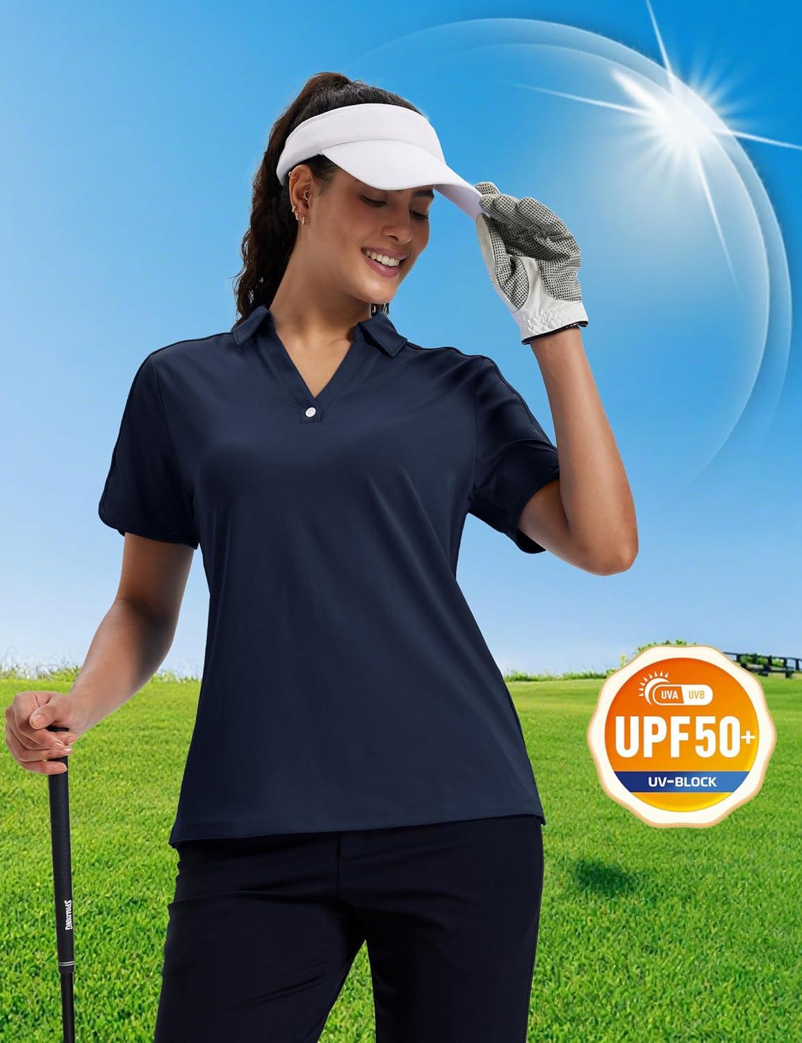 imageMAGCOMSEN Womens Polo Shirts Short Sleeve UPF 50 Sun Protection Golf Shirt V Neck Collared Tops Dry FitNavy