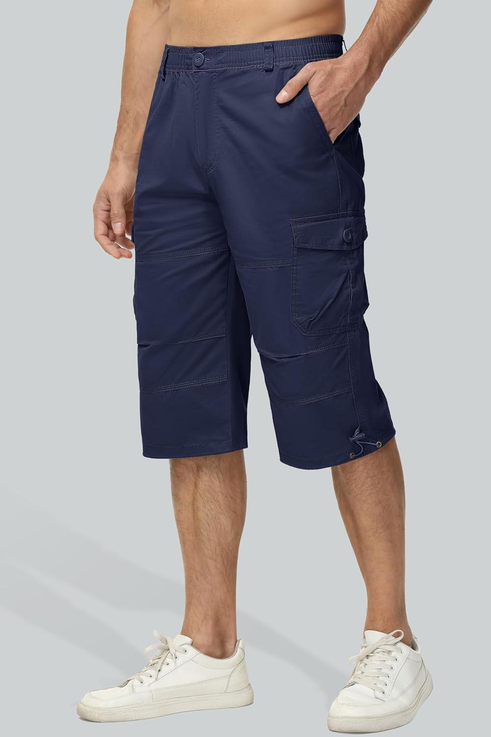 imageMAGCOMSEN Mens Cargo Shorts Long Capri Elastic Below The Knee 34 Cotton Casual Summer Shorts with PocketsNavy
