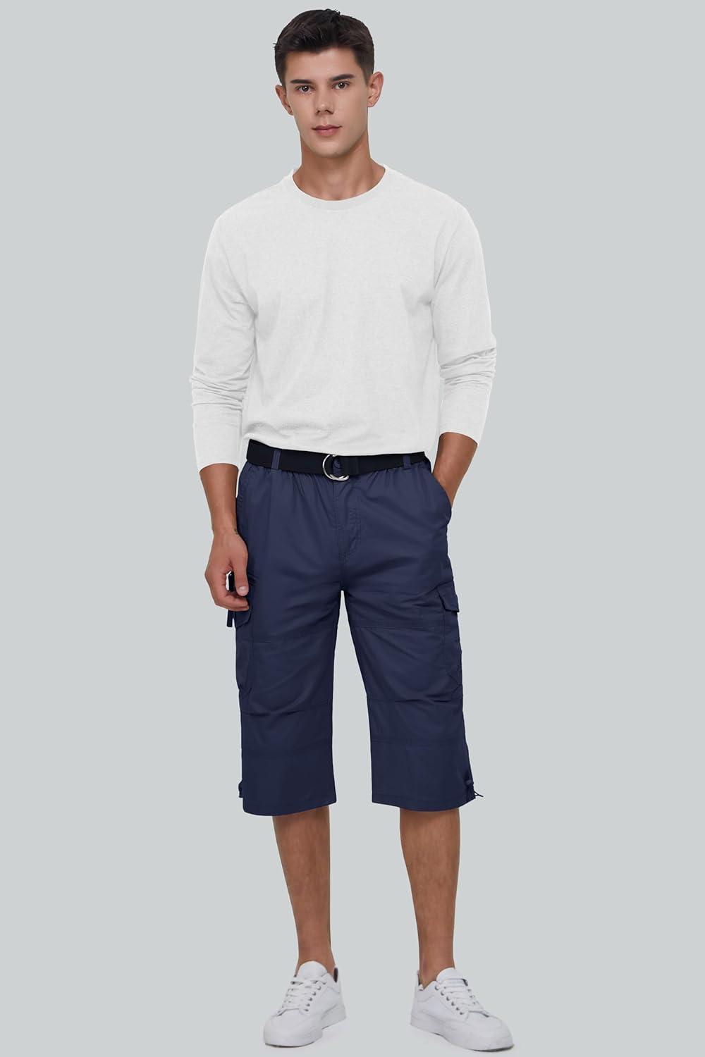 imageMAGCOMSEN Mens Cargo Shorts Long Capri Elastic Below The Knee 34 Cotton Casual Summer Shorts with PocketsNavy