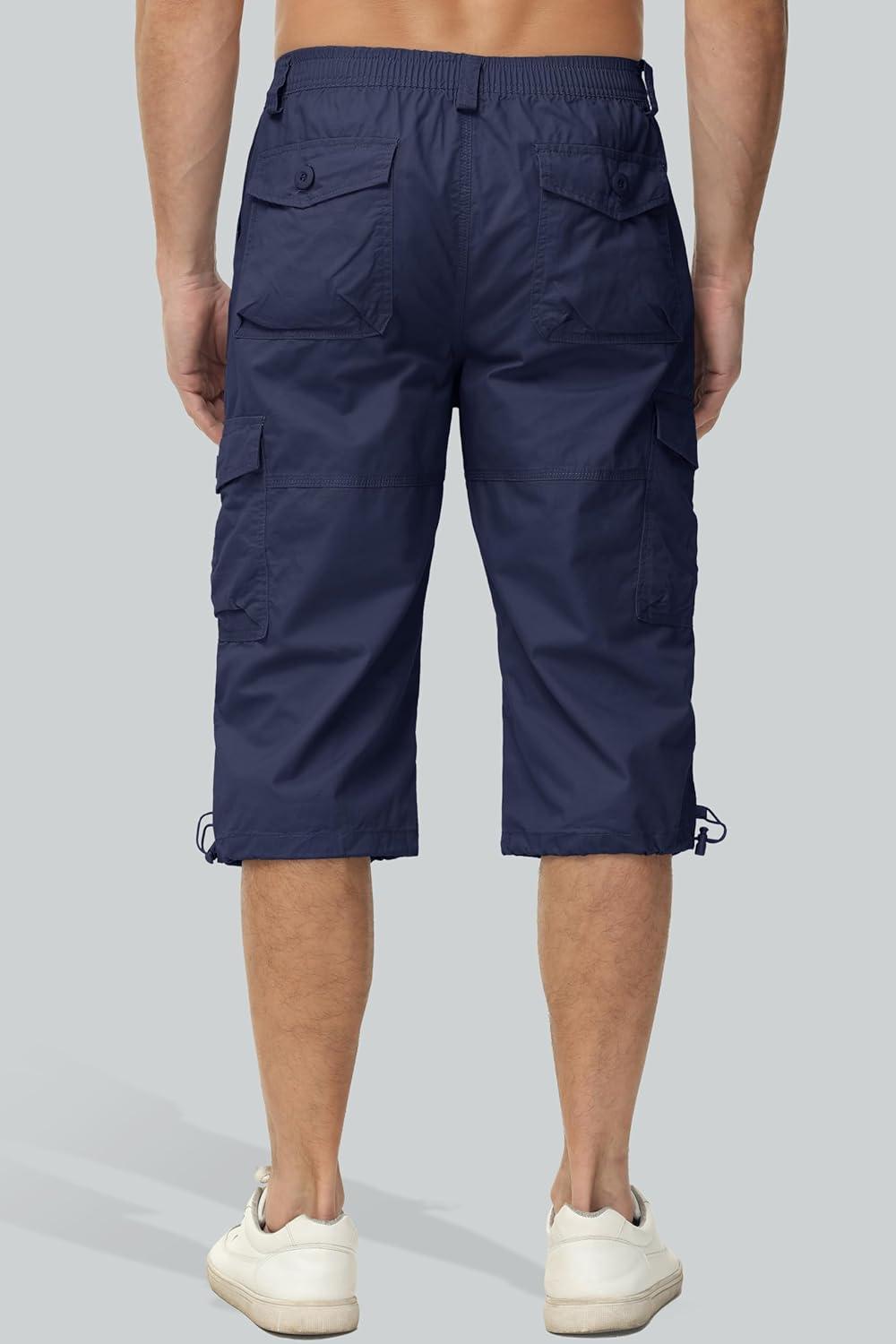 imageMAGCOMSEN Mens Cargo Shorts Long Capri Elastic Below The Knee 34 Cotton Casual Summer Shorts with PocketsNavy