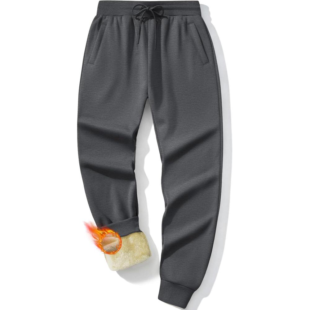 imageMAGCOMSEN Mens Winter Fleece Lined Pants Sherpa Sweatpants Thermal Warm Heavyweight Joggers Active Pants with 3 PocketsDark Grey