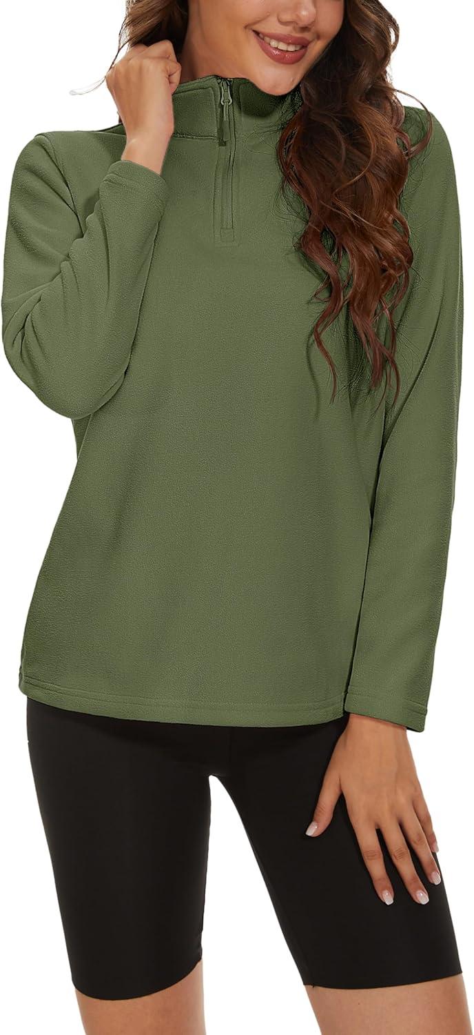 imageMAGCOMSEN Womens Quarter Zip Pullover Polar Fleece Sweatshirts Lightweight StandCollar Jacket Warm TopsArmy Green