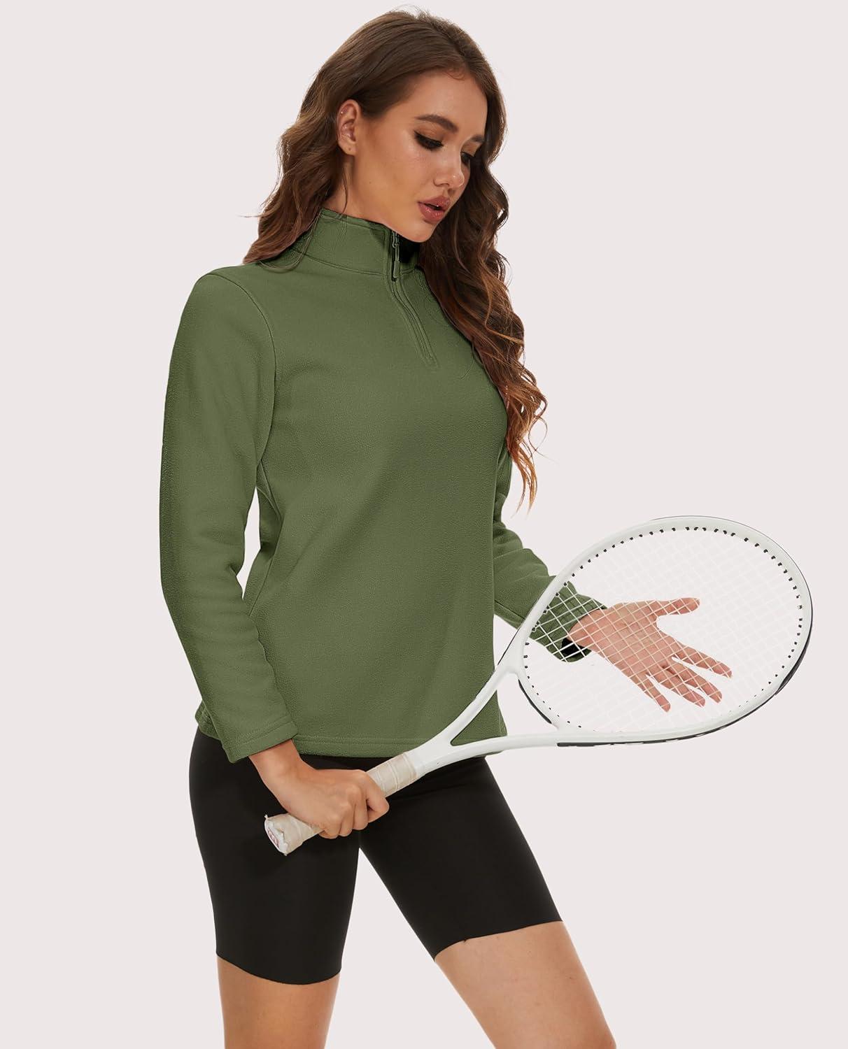 imageMAGCOMSEN Womens Quarter Zip Pullover Polar Fleece Sweatshirts Lightweight StandCollar Jacket Warm TopsArmy Green
