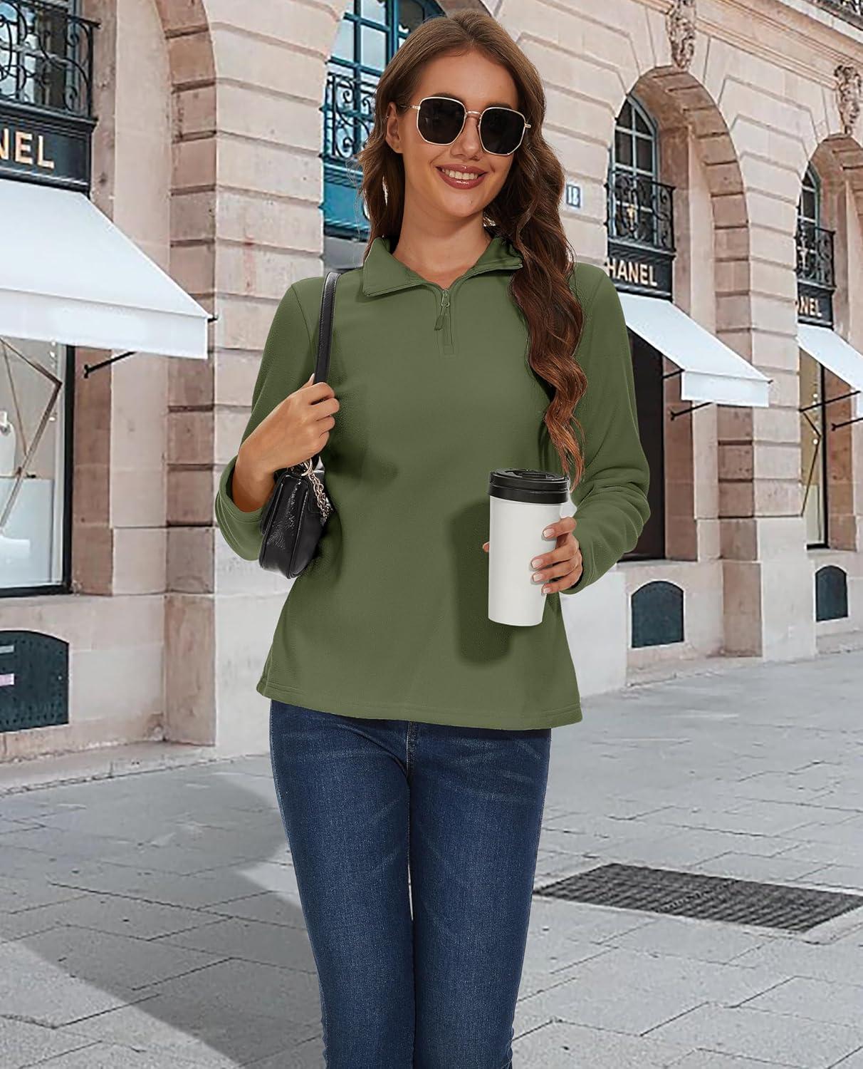 imageMAGCOMSEN Womens Quarter Zip Pullover Polar Fleece Sweatshirts Lightweight StandCollar Jacket Warm TopsArmy Green