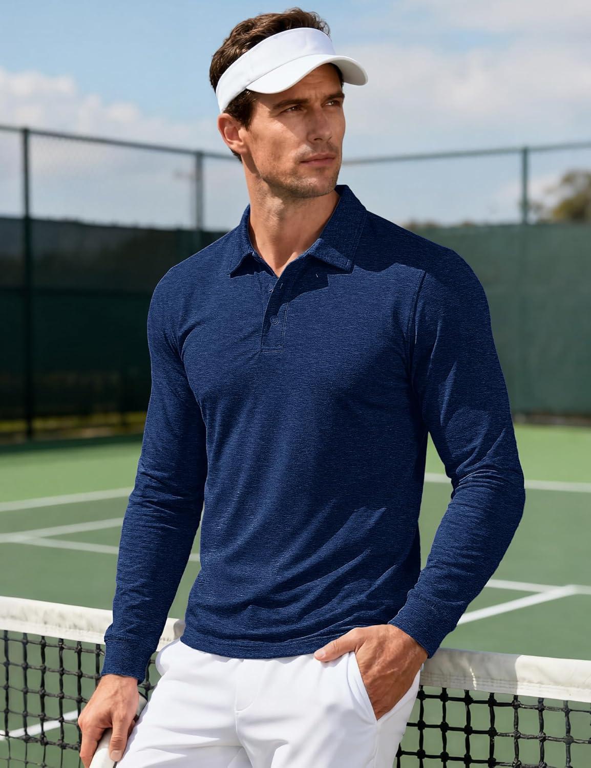 imageMAGCOMSEN Mens Polo Shirts Long Sleeve Moisture Wicking Dry Fit Golf Polos Casual Performance Collared Shirt MenDark Blue