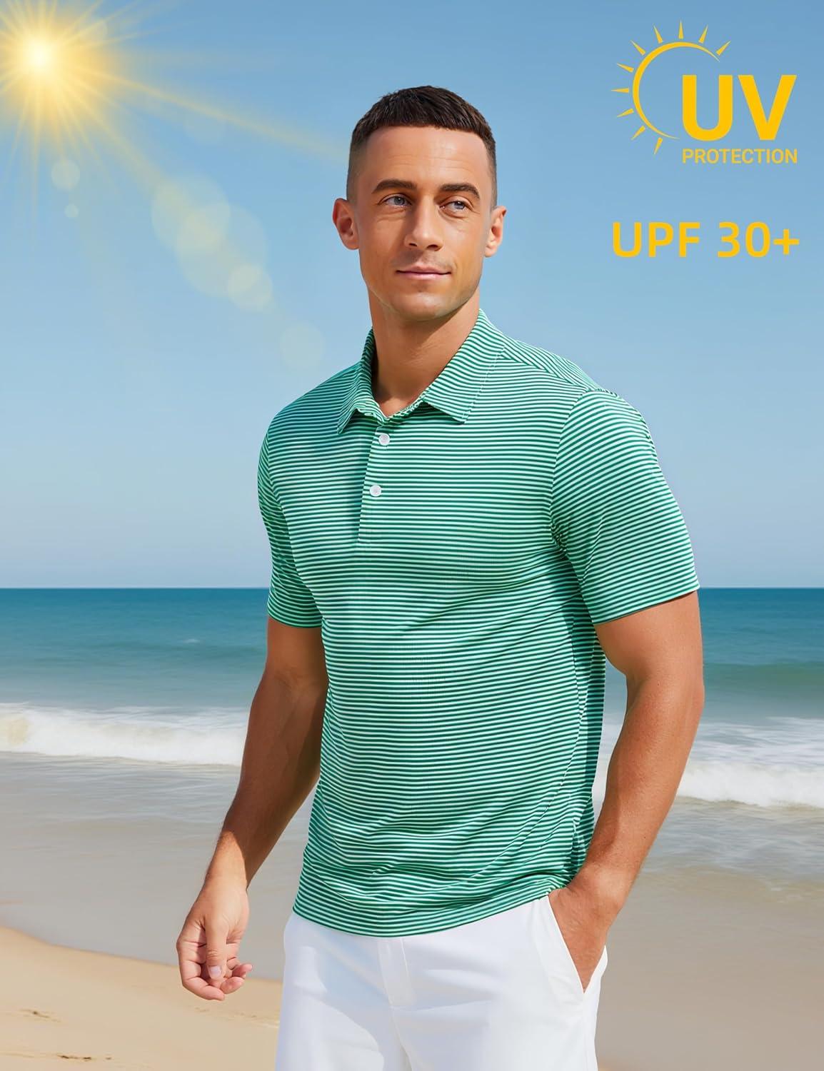 imageMAGCOMSEN Mens Polo Shirts Short Sleeve Striped Golf Summer Polos Dry Fit Performance Casual Collared Shirt Green S