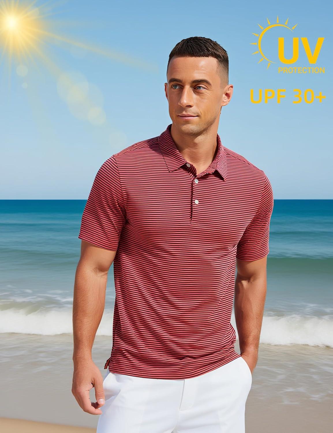 imageMAGCOMSEN Mens Polo Shirts Short Sleeve Striped Golf Summer Polos Dry Fit Performance Casual Collared Shirt Red S