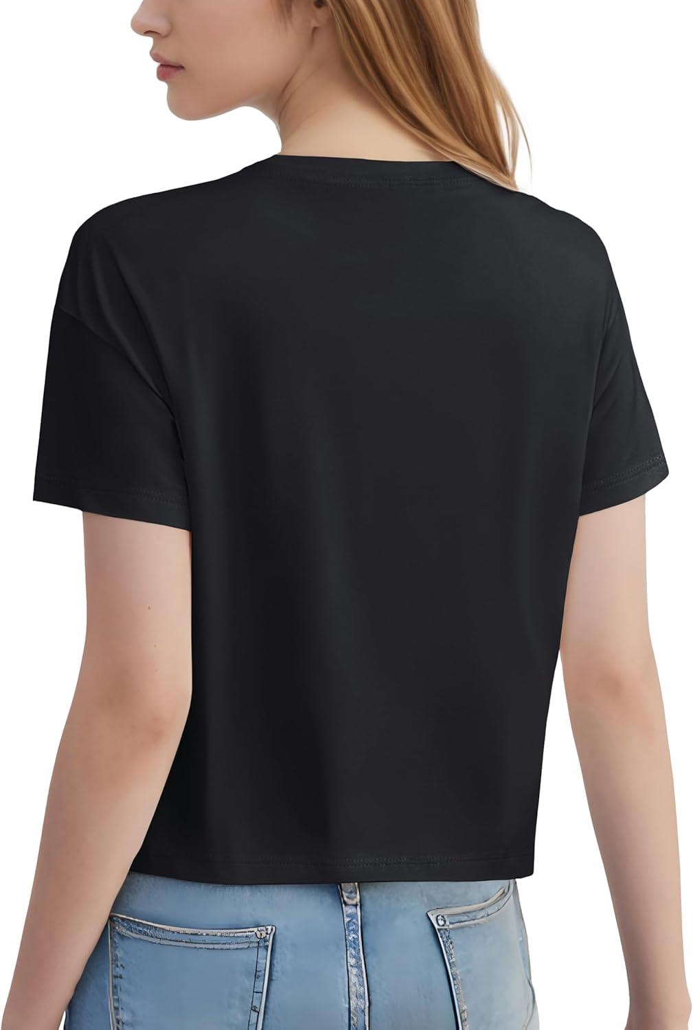 imageMAGCOMSEN Womens Crop Tops Basic Summer Cropped TShirts Loose Fit Cotton Short Sleeve UPF 50 Boxy Tee ShirtsBlack
