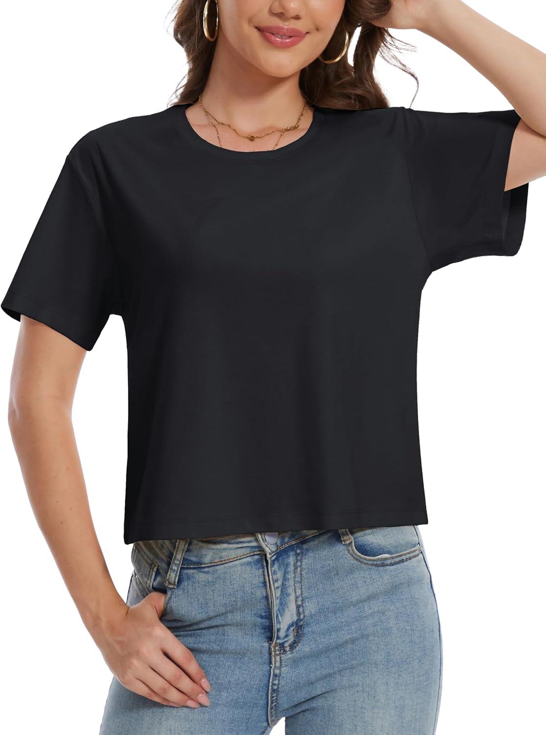 imageMAGCOMSEN Womens Crop Tops Basic Summer Cropped TShirts Loose Fit Cotton Short Sleeve UPF 50 Boxy Tee ShirtsBlack