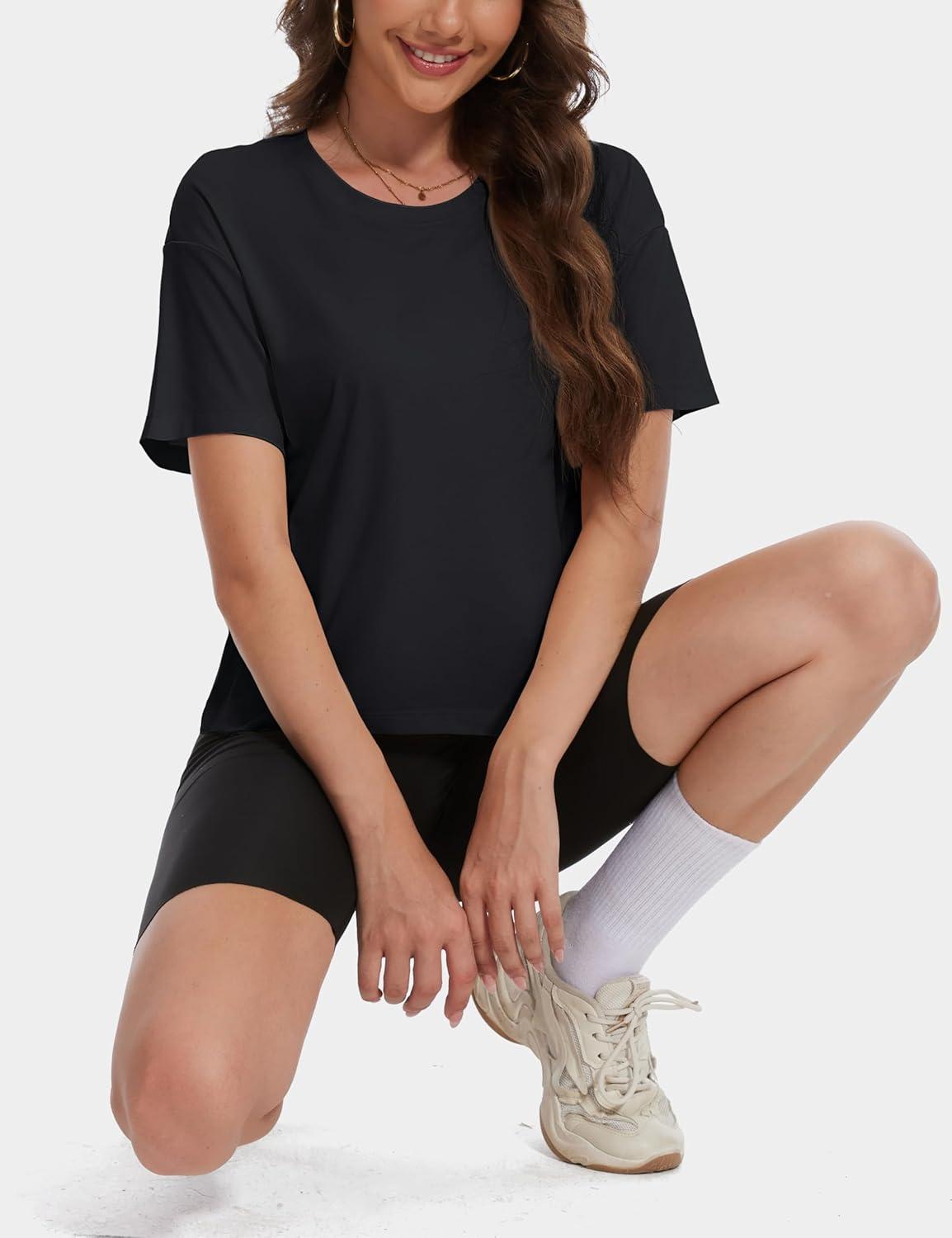 imageMAGCOMSEN Womens Crop Tops Basic Summer Cropped TShirts Loose Fit Cotton Short Sleeve UPF 50 Boxy Tee ShirtsBlack