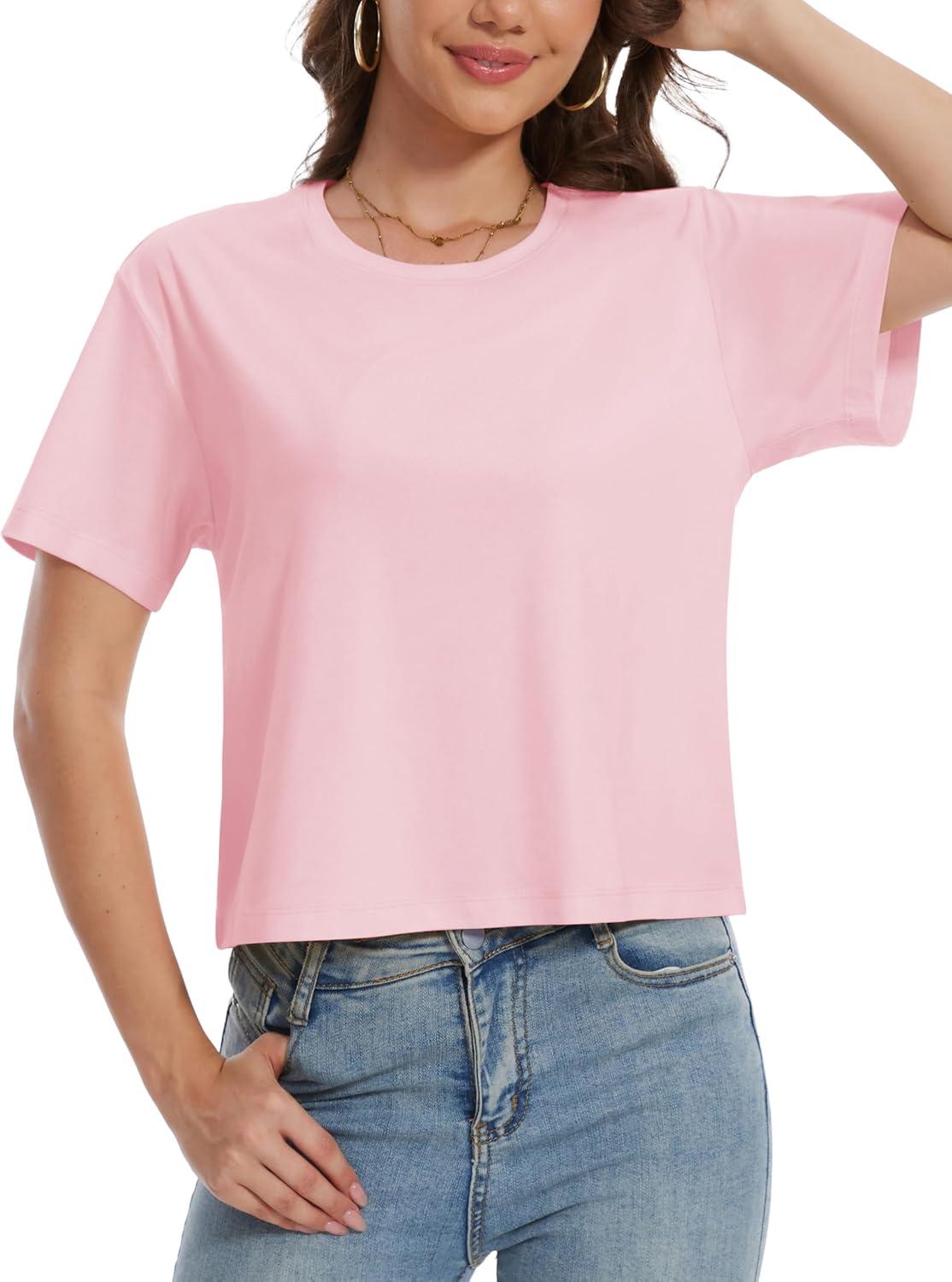 imageMAGCOMSEN Womens Crop Tops Basic Summer Cropped TShirts Loose Fit Cotton Short Sleeve UPF 50 Boxy Tee ShirtsLight Pink